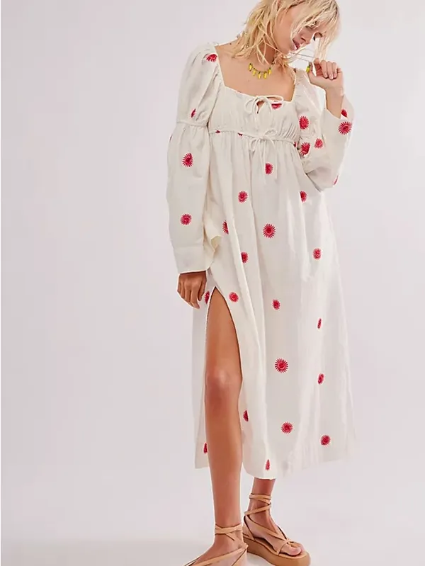 Free People Emory Boho Maxi Dress Women's M Embroidered Long Sleeve Pockets Whit - Image 2