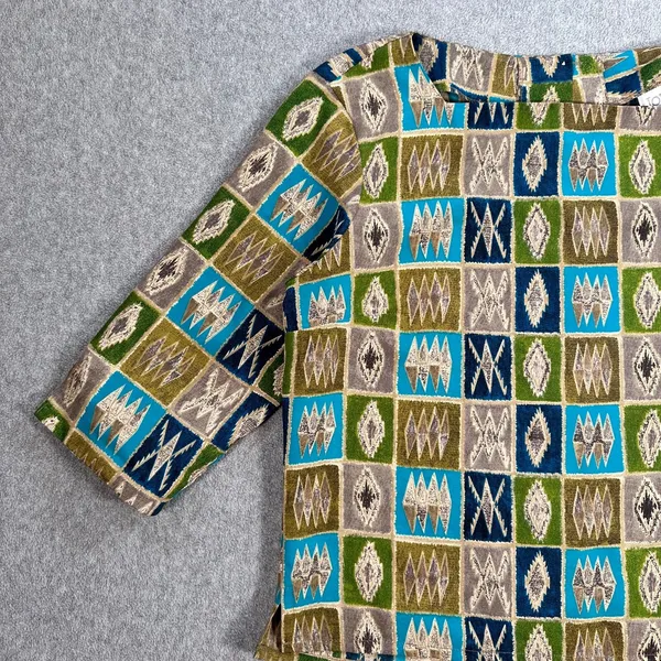 Jordan Vintage 3/4 Sleeve Blouse Womens Large Button Back Square Neck Green/Blue - Image 3