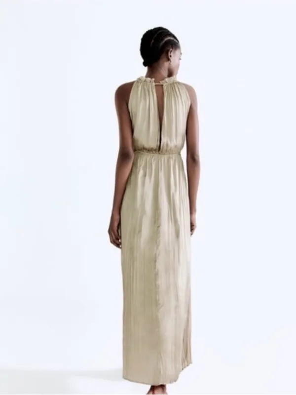NWT Zara Wrinkle Look Satin Effect Cut Out Maxi Dress Medium Wedding Black Tie - Image 3