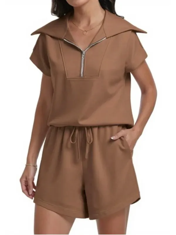 NEW 2 Piece Set Half Zip Lapel Collar Lounge Set Cap Sleeve Shorts Pockets S - Image 6