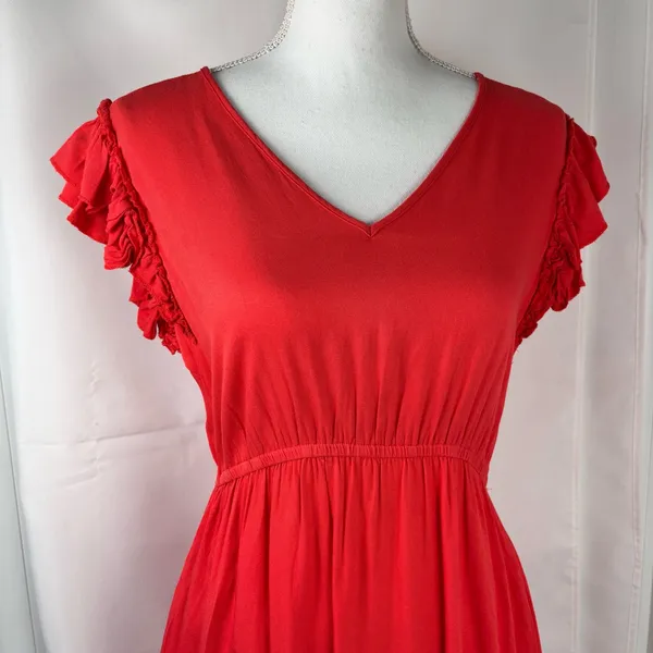 SOLITAIRE Red Summer Dress Women’s Size Medium Boho Eyelet Hem Ruffle Sleeve - Image 5