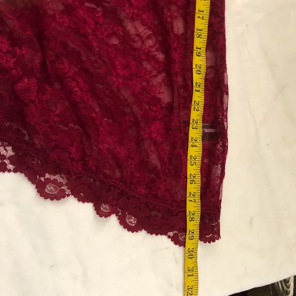 Burgundy red off shoulder sheer lace scallop hem mini dress long sleeves#whimsygoth #gothic-M/L Measurement in pics - Image 6