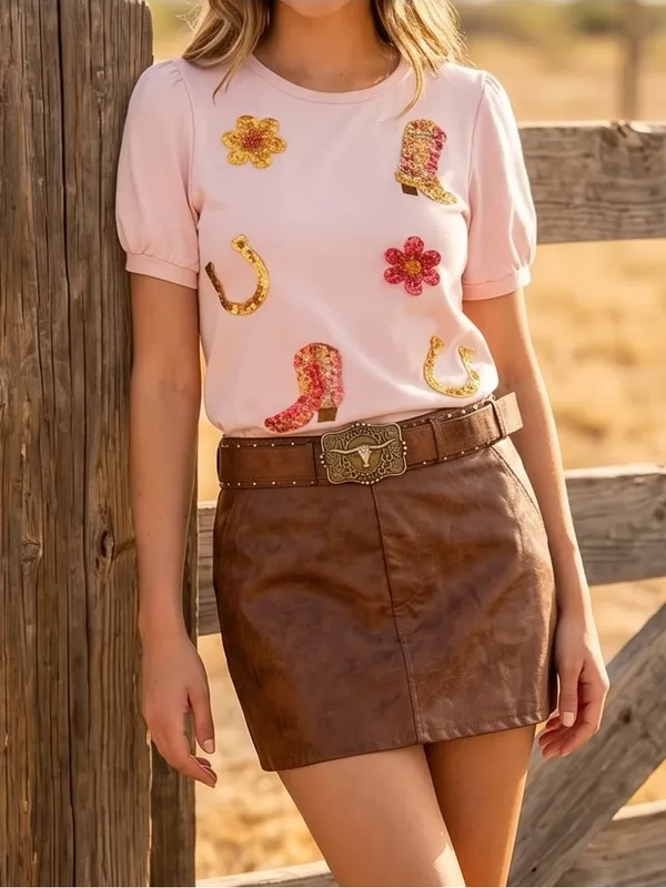 Mesh + Love Pink Sequin Western Puff Sleeve Top NWT Small - Image 6