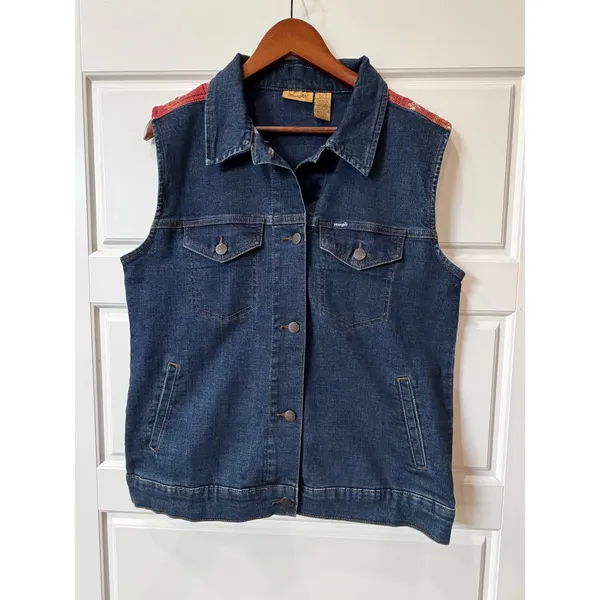 Wrangler Blue Denim‎ Vest Medium Red Paisley Western Rodeo Cowgirl - Image 2