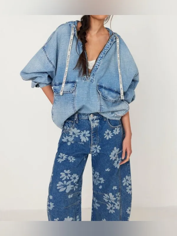NWT Free People We The Free Good Luck Printed Barrel Jeans - laser Daisy - 33 - Image 7