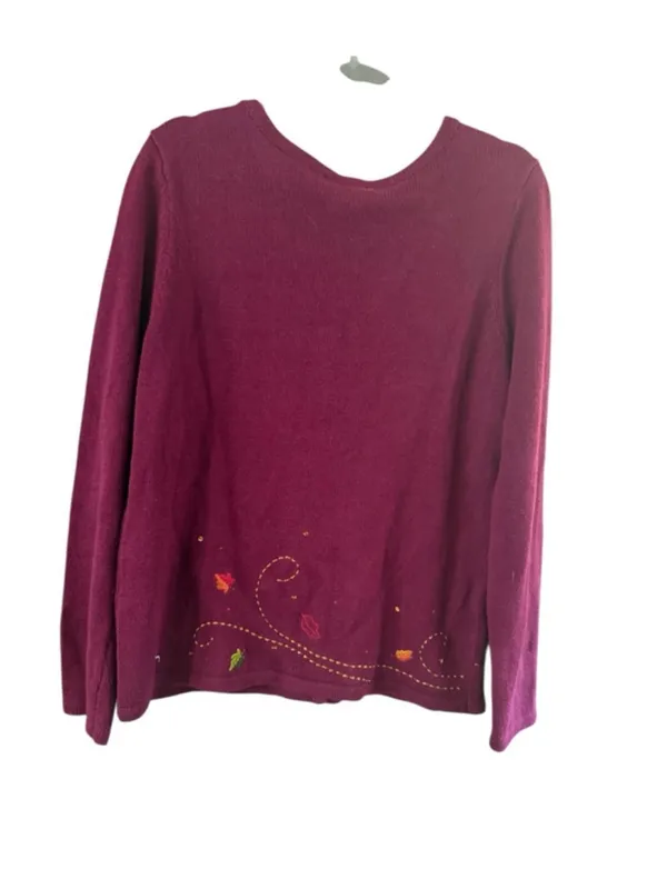 Christopher & Banks Maroon V-Neck Button Cardigan with Autumn Leaf Embroidery - Image 4