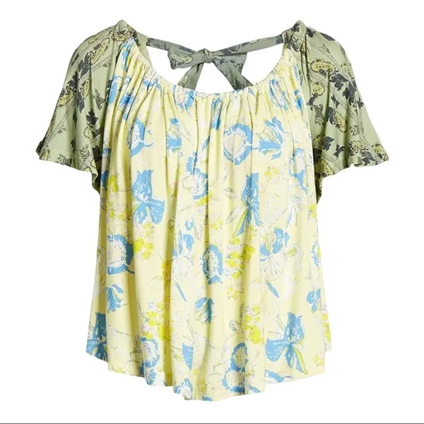 Free People Yellow Baja Babe Printed Cold‎ Shoulder Short Sleeve Top Size XS - Image 2