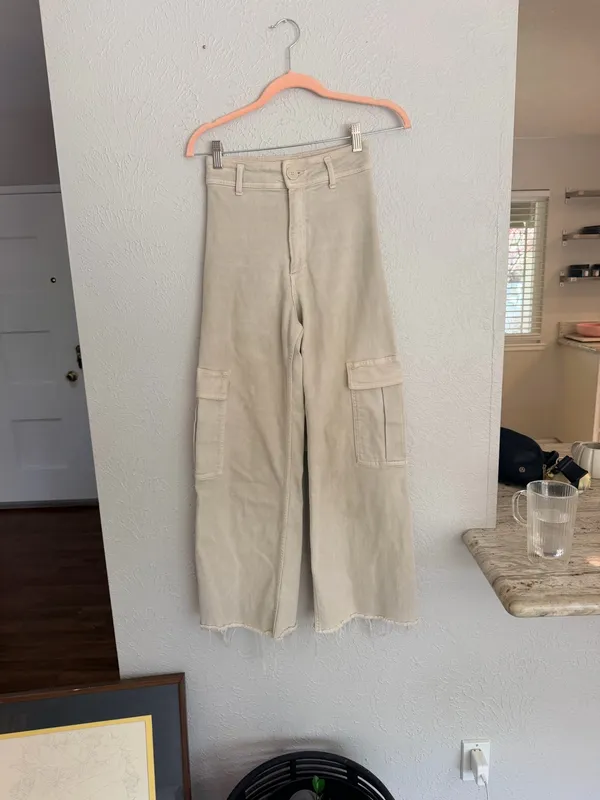 Zara marine cut off raw hem cropped khaki tan cargo wide leg pants 0 - Image 2