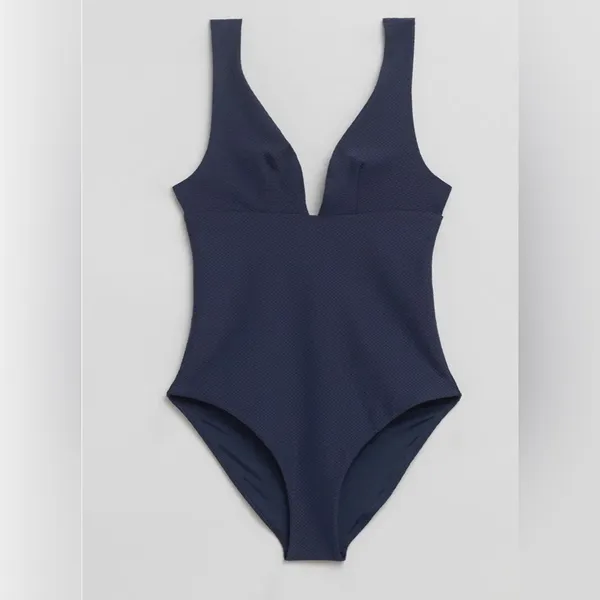 & OTHER STORIES Structured V-Cut Swimsuit Textured Navy- Size 12 - Image 2