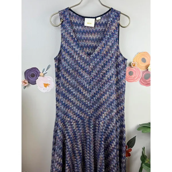 Maeve by Anthropologie Blue V-Neck Chevron Sleeveless Midi Dress - Size - Small - Image 5