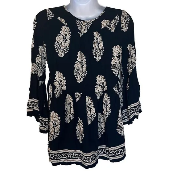 Altar'd State Blue Tan‎ Boho Print Bell Sleeve High Low Front Tie Top XS Flowy - Image 3