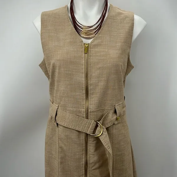 Sharagano khaki sleeveless full zipper sheath pocket dress - Image 2