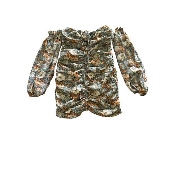 HELLO MOLLY Basque Country Dress Size 6 Medium‎ Green Floral Ruched Off Shoulder - Image 3