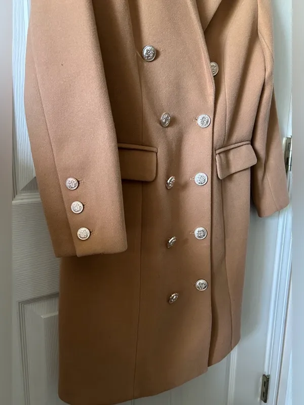 Khaki Camel Autumn Peacoat Trench Coat Long Jacket Wool Blend Sz M (8-10) - Image 10