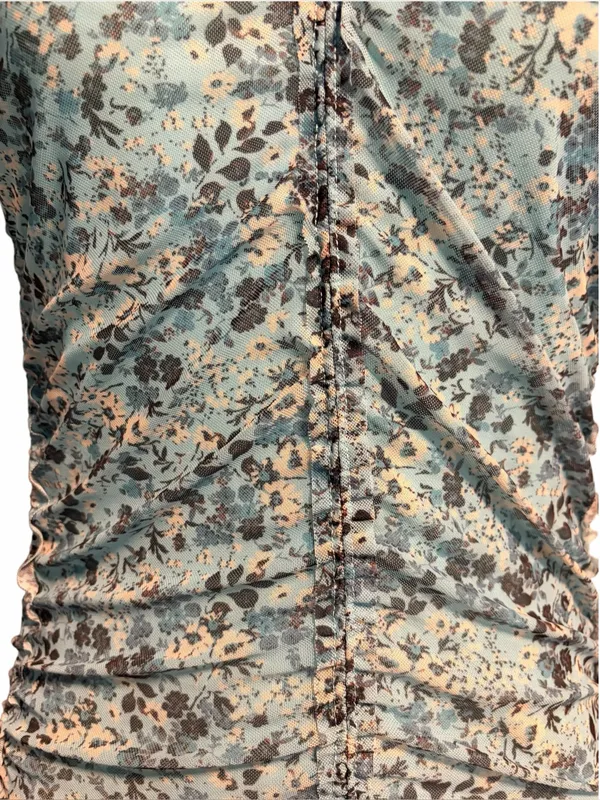 Anthropologie Floral Romantic Boho Shirred Mesh Ruched Stretchy Top Size XS - Image 6