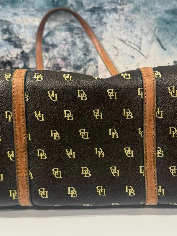 Dooney Bourke Y2K Signature Monogram Barrel Shoulder Bag Dark Brown Leather Trim - Image 5