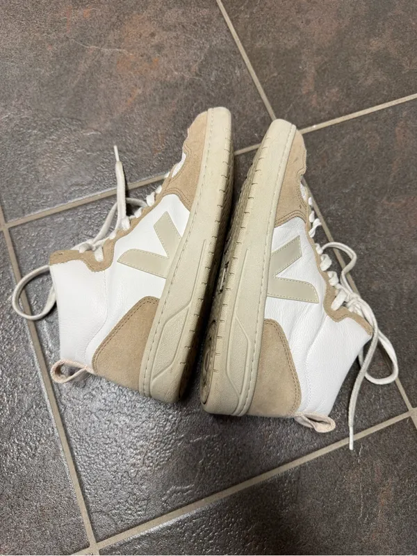 Veja V-15 High Top Lace Up Sneakers Suede Leather Beige White US 8 EU 39 - Image 11