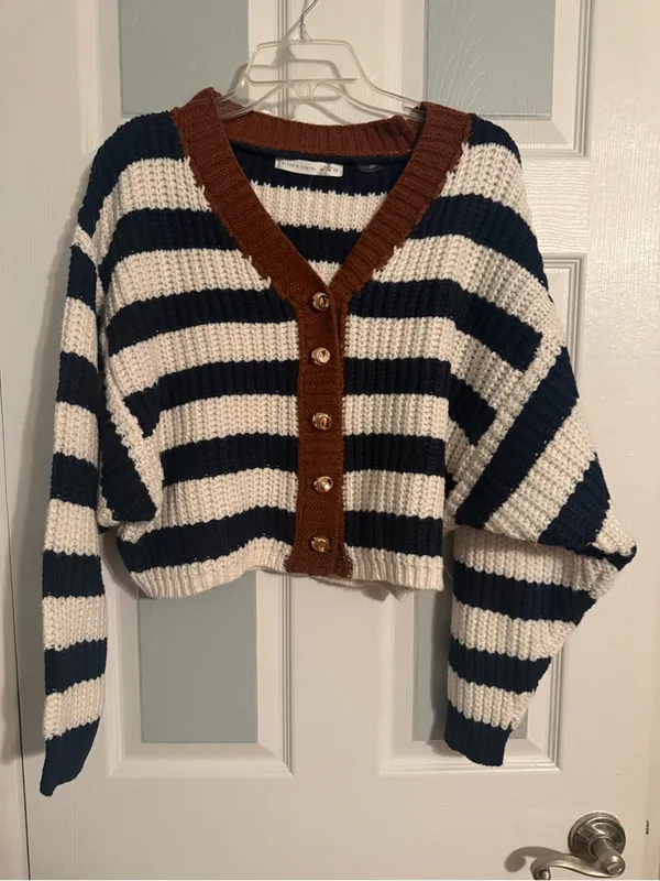 Altar’d State Cropped Striped V-Neck Button Cardigan - Navy, Cream & Brown - Image 2