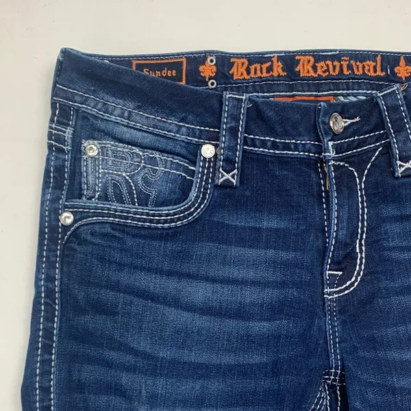 Rock Revival 28 Sundee mid rise boot cut Dark Blue denim Jeans western chunky - Image 4