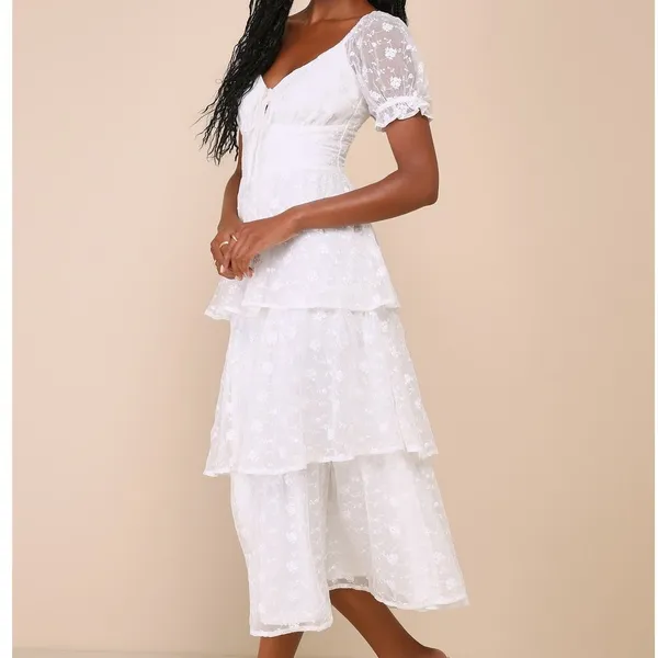 NEW Lulus Precious Sweetie White Floral Embroidered Sweetheart Airy Midi Dress - Image 3