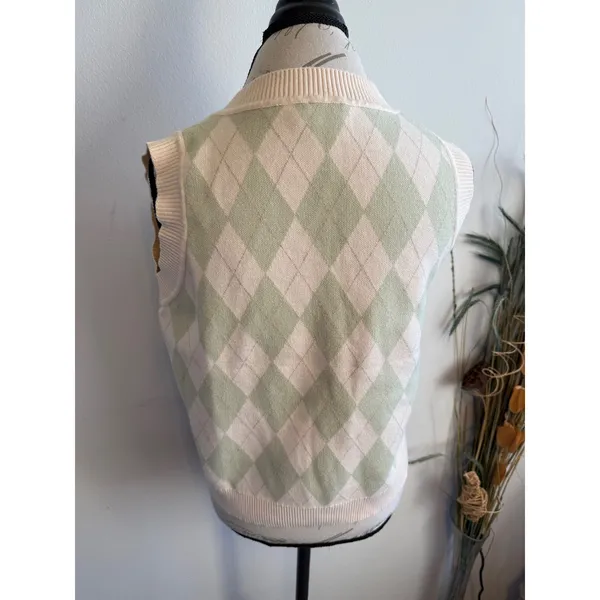 Princess Polly Argyle Sweater Vest Sage Green‎ Cream V-Neck Knit large - Image 2