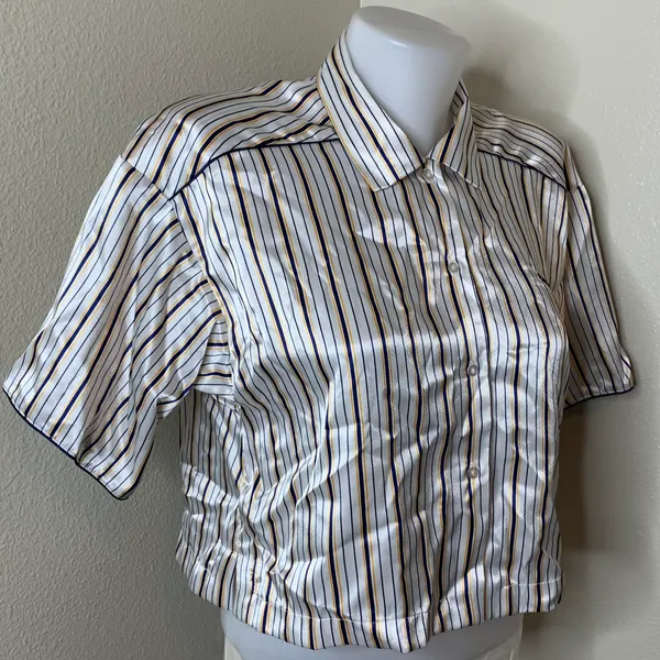 Val mode Lingerie New! Pajama Set Pj Shirt Shorts Stripes Button Up White Blue M - Image 5