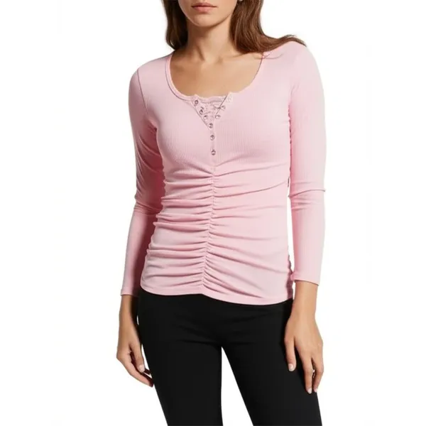 Henley Shirt Womens Size XL Light Pink Ribbed Knit‎ Lace Trim Casual Chic Soft - Image 2