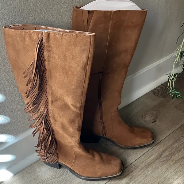 Women’s Fringe knee high side zipper suede boots - Image 6
