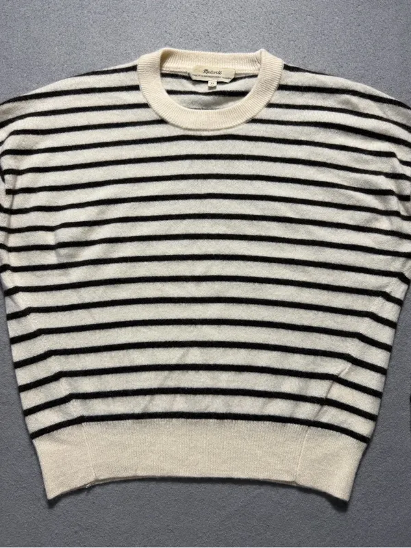 Madewell Womens XS 100% Cashmere Striped Crewneck Sweater Ivory Black - Image 2