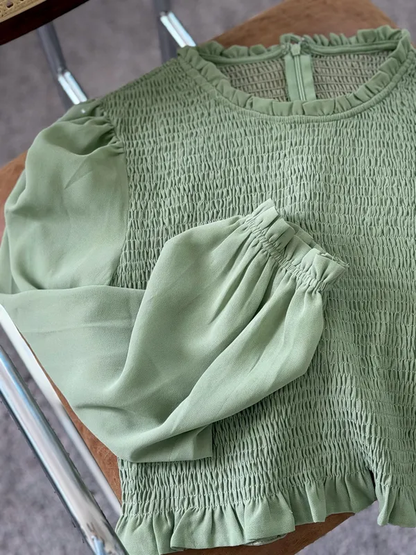 Sage Green Smocked Puff Long Sleeve Crop Top Ruffle Trim Casual Blouse - Image 5