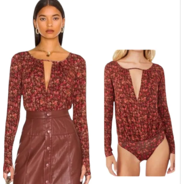 Free‎ People Intimately Kaya Print Cutout Bodysuit Chocolate Combo Womens Medium Red - Image 2