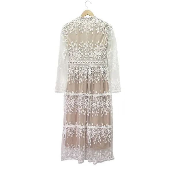 Bohme Lola Lace Midi Dress Small Beige Ivory Embroidered Sheer Long Sleeve Boho - Image 3