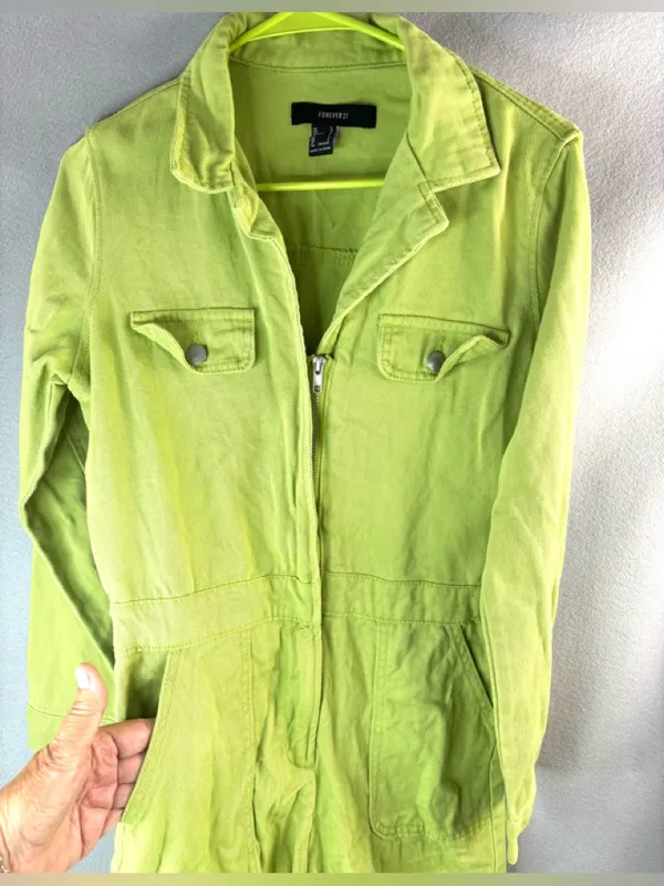 Forever 21 L Denim Lime Green Long Sleeve Zip-Front Jumpsuit - Image 3