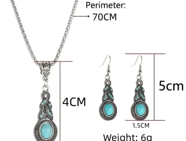 Set 3 pc Vintage Style Blue Crystal Inlaid Turquoise Pendant With Lantern Chain - Image 6