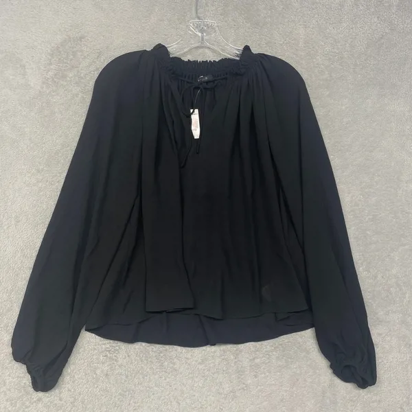 Madewell Top Womens Medium Long Sleeve Tie Neck Jet Black Ruffle Blouse NY328 - Image 2