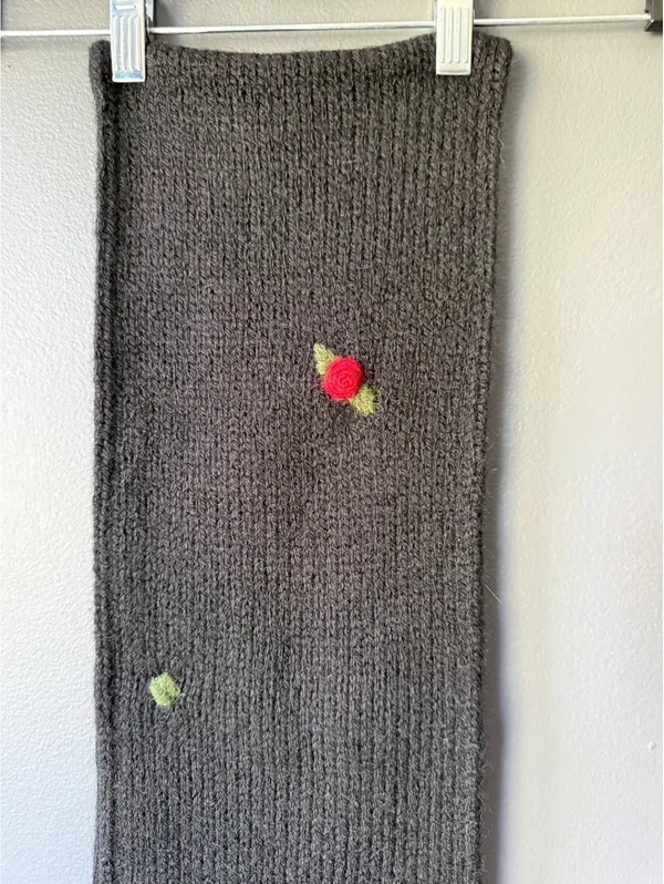 Vintage Hand-Knit Black Alpaca and Acrylic Scarf with Red Rose Embroidery - Image 4