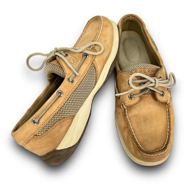 Sperry Top-Sider Intrepid 2 Eye Leather Mesh Linen Tan Beige Loafer Boat Shoes 7 - Image 10