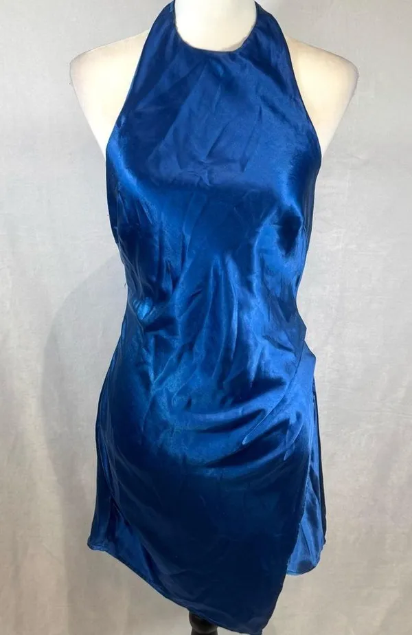 Angel Biba Blue satin halter neck faux wrap twisted backless mini dress size medium - Image 5
