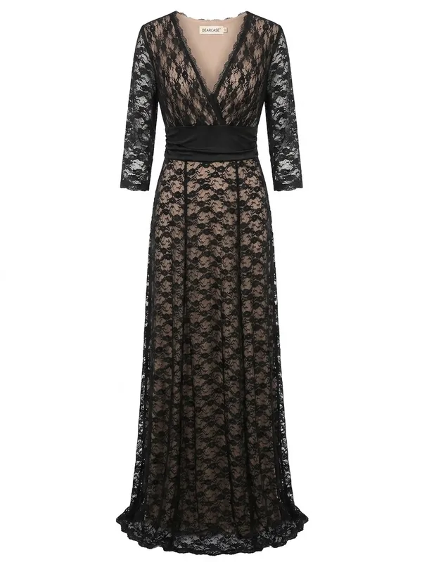Black Lace Wrap Maxi Dress with Satin Waistband - Image 2