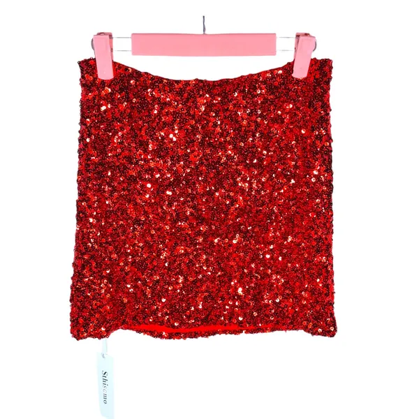 NWT Red Sparkly Sequin Pull On Bodycon Skirt - Image 2