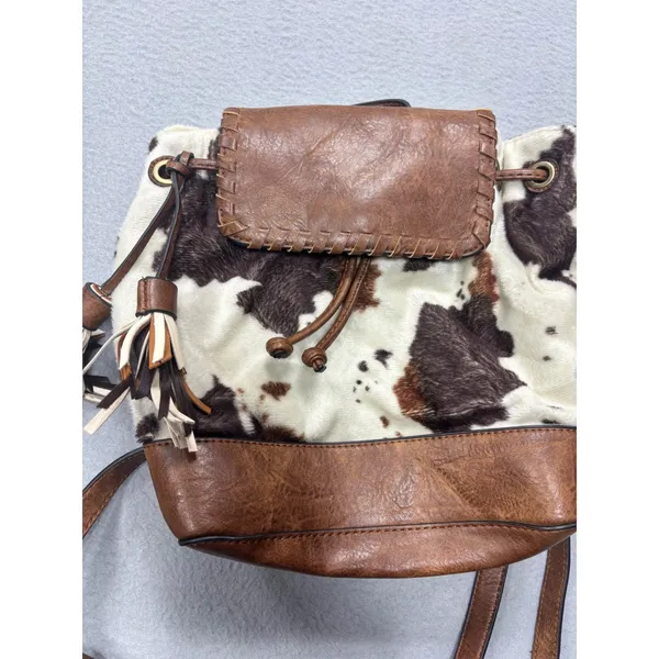 Jen & Co Backpack OS Cow Print Brown Faux Leather Tassel Western Boho Bag - Image 2