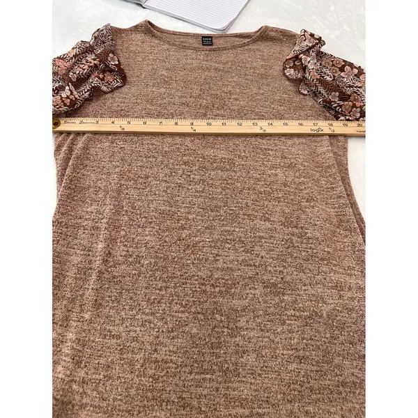 SHEIN Womens Brown Marled Knit Floral Ruffle Sleeve Top Crew Neck Size L - Image 5