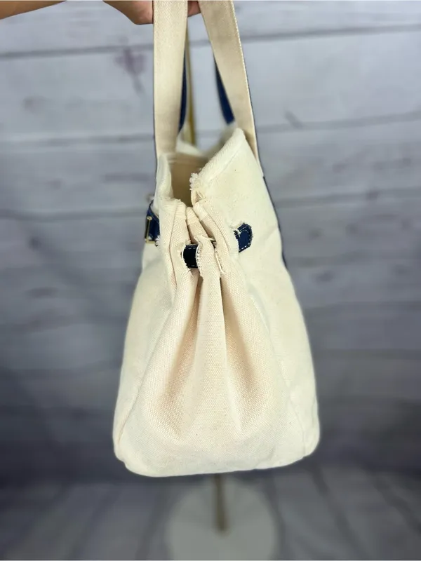 Designer Inspired Ivory & Navy Canvas Satchel Tote Bag Gold Hardware - Image 3