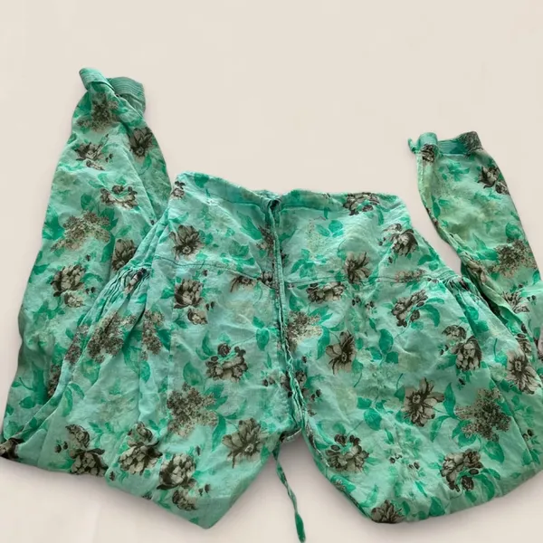 Mint Green Floral Harem Pants Boho Fairycore Artsy Coastal Relaxed Fit M - Image 6