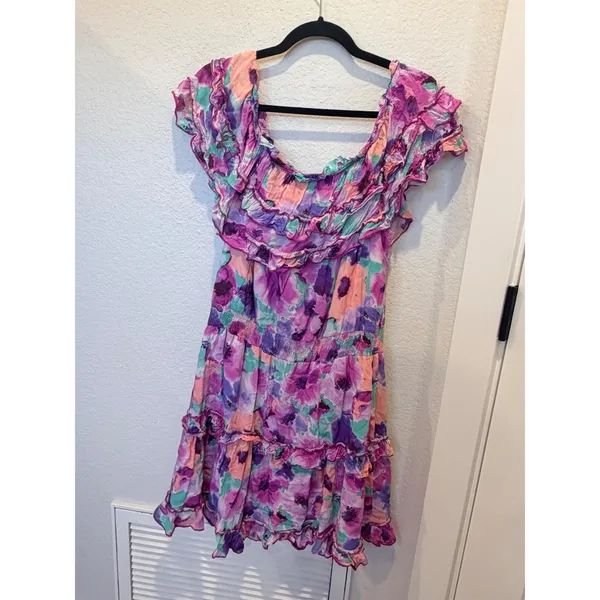 BTFL-Life Off-the-Shoulder Floral Mini Dress Purple Pink Ruffle Smocked Large - Image 4
