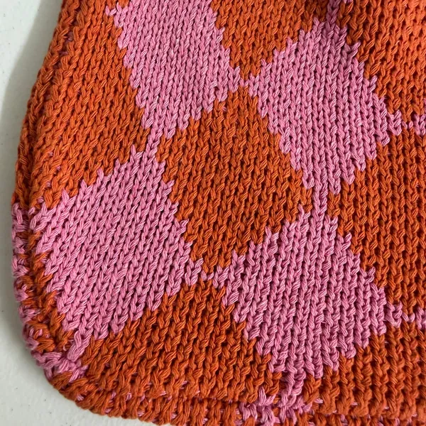 Kopari Knitted Argyle Shoulder Bag pink orange woven slouchy hobo handbag purse - Image 3