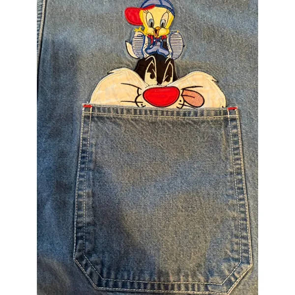Vintage 90s Looney Tunes Denim Jumper Dress Tweety Sylvester Embroidered‎ dress - Image 2