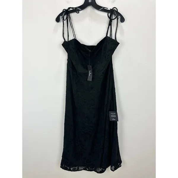 Lulus Loveliest Looks Black Floral Jacquard Tie-Strap Midi Dress Large NWT - Image 5