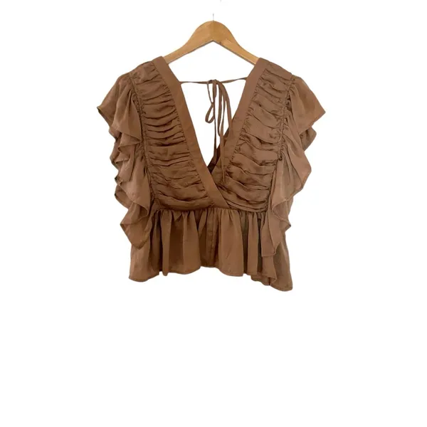 Entro‎ V Neck Satin Ruched Top Size Medium Taupe - Image 3