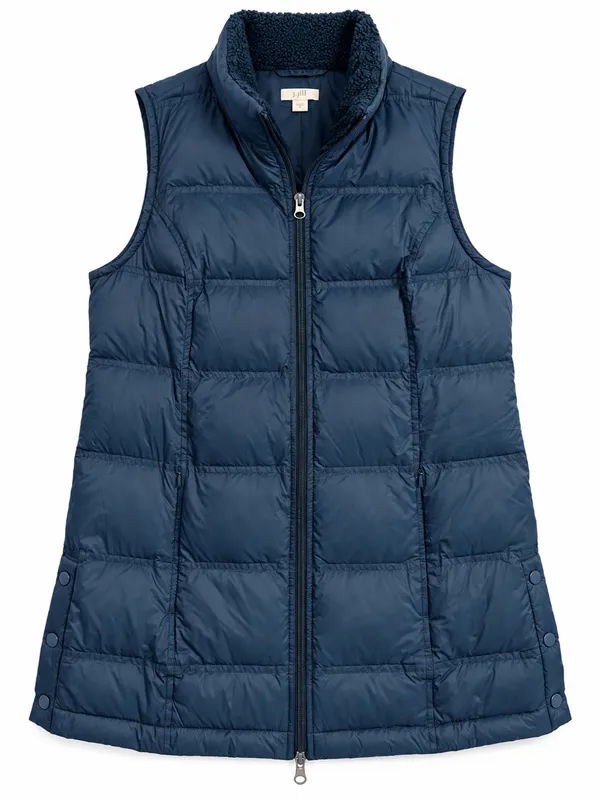 J Jill Down Puffer Vest Womens Small Dark Teal Sherpa Collar Longline Snap Sides - Image 2